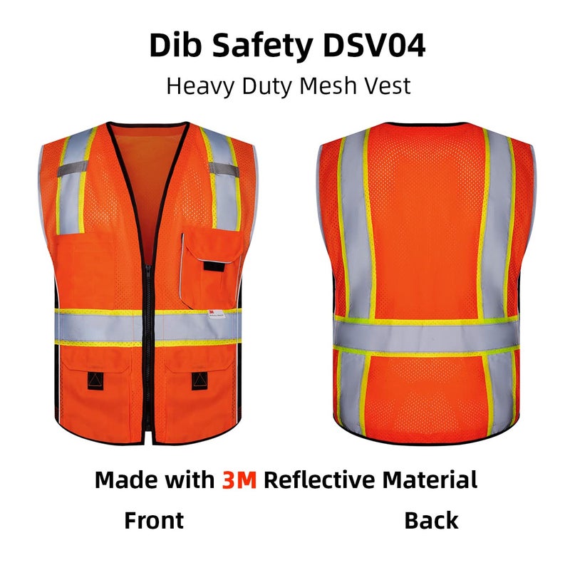 Dib Safety سترة ديب السلامة العاكسة برتقالية الشبك، سترة عالية الوضوح مع جيوب وسحاب، فئة ANSI 2 ثقيلة، مصنوعة بشريط عاكس من 3M س - Image 5